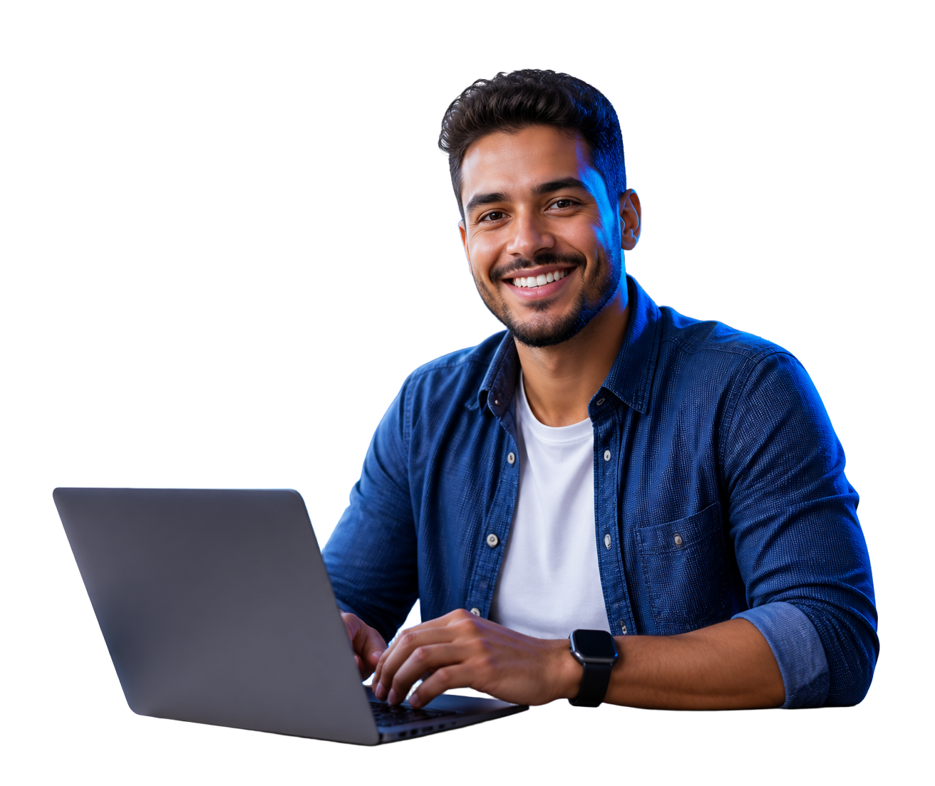Lojista sorrindo enquanto usa o notebook para gerenciar sua loja na VENDI